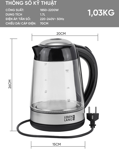 LBWE9991- Ấm siêu tốc, ấm thủy tinh LEBENLANG dung tích 1700ml