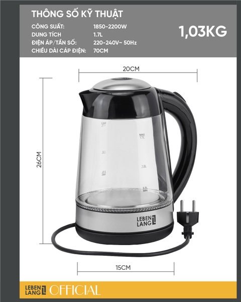 LBWE9991- Ấm siêu tốc, ấm thủy tinh LEBENLANG dung tích 1700ml