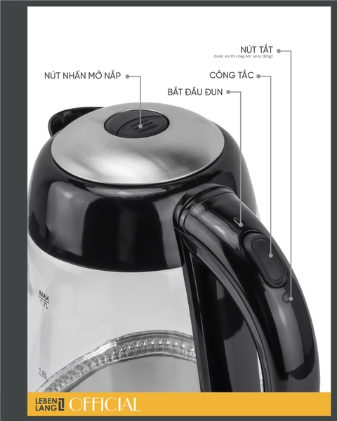 LBWE9991- Ấm siêu tốc, ấm thủy tinh LEBENLANG dung tích 1700ml