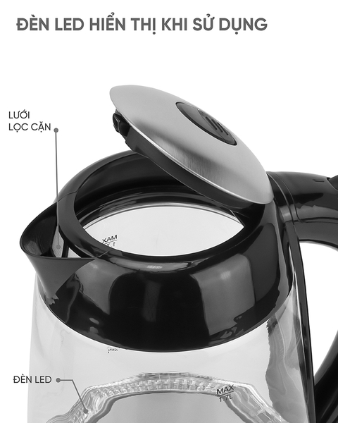 LBWE9991- Ấm siêu tốc, ấm thủy tinh LEBENLANG dung tích 1700ml