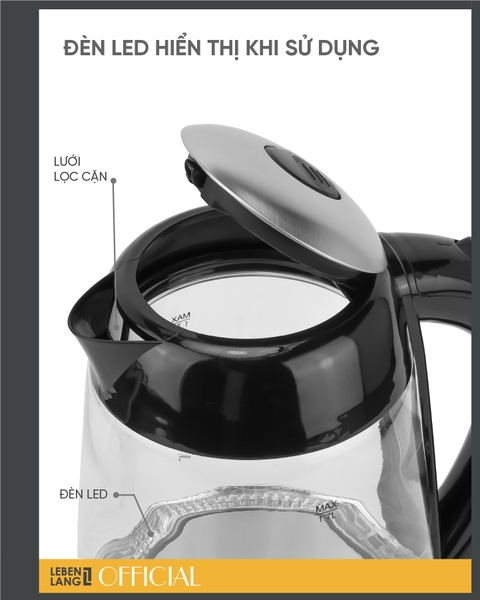 LBWE9991- Ấm siêu tốc, ấm thủy tinh LEBENLANG dung tích 1700ml