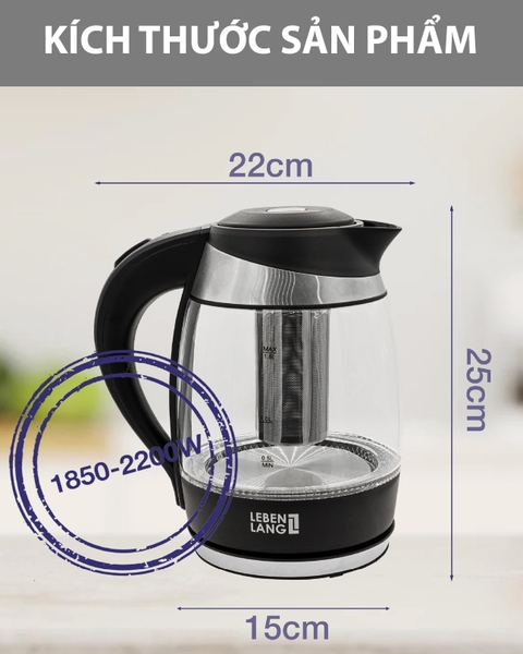 LBWE2882 - Ấm siêu tốc, ấm đun nước thủy tinh, tích hợp tính năng giữ ấm và lõi trà, LEBENLANG dung tích 1800ml