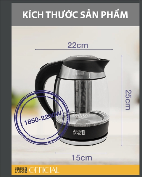 LBWE2882 - Ấm siêu tốc, ấm đun nước thủy tinh, tích hợp tính năng giữ ấm và lõi trà, LEBENLANG dung tích 1800ml