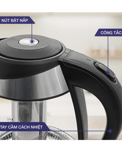 LBWE2882 - Ấm siêu tốc, ấm đun nước thủy tinh, tích hợp tính năng giữ ấm và lõi trà, LEBENLANG dung tích 1800ml