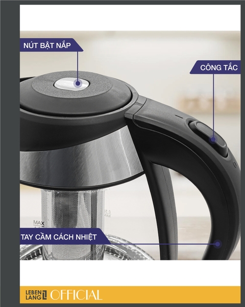 LBWE2882 - Ấm siêu tốc, ấm đun nước thủy tinh, tích hợp tính năng giữ ấm và lõi trà, LEBENLANG dung tích 1800ml