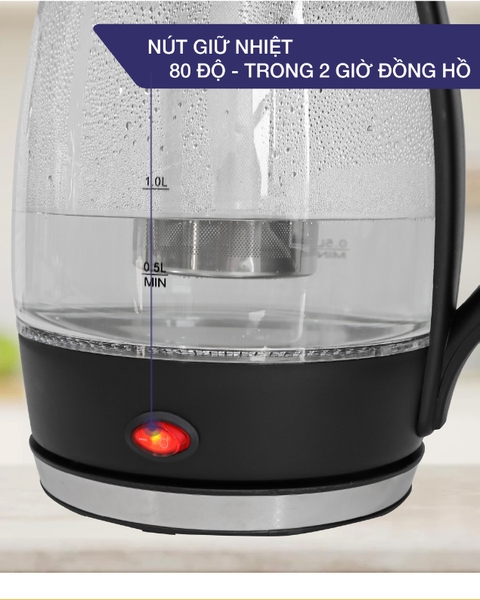 LBWE2882 - Ấm siêu tốc, ấm đun nước thủy tinh, tích hợp tính năng giữ ấm và lõi trà, LEBENLANG dung tích 1800ml