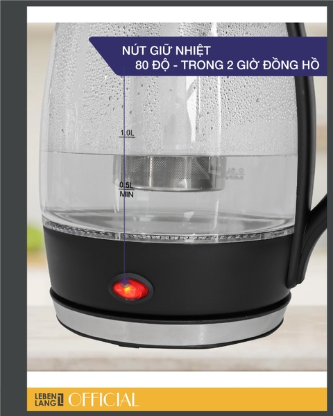 LBWE2882 - Ấm siêu tốc, ấm đun nước thủy tinh, tích hợp tính năng giữ ấm và lõi trà, LEBENLANG dung tích 1800ml