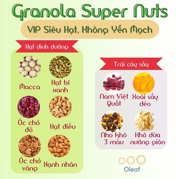 Granola Siêu Hạt Ngũ Cốc Ăn Kiêng Giảm Cân VIP Siêu Hạt, Không Yến Mạch, OLEAF Dinh Dưỡng Eat Clean