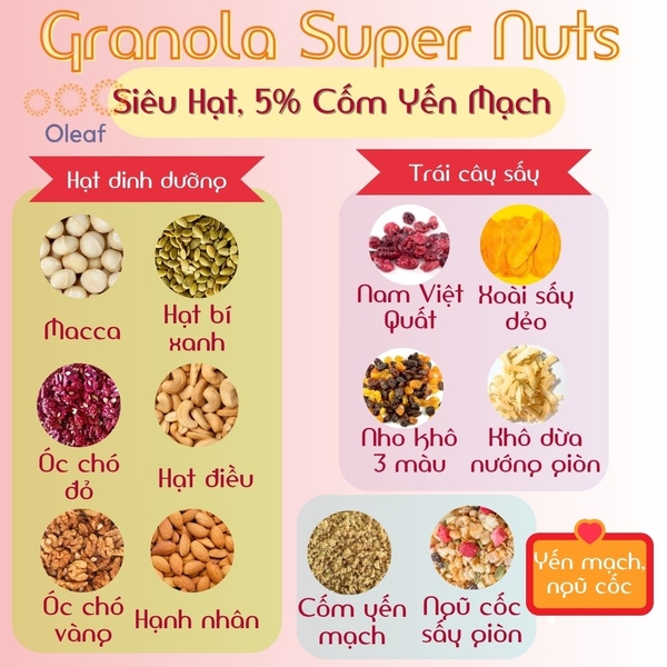 Granola Siêu Hạt 5% Yến Mạch Ngũ Cốc Ăn Kiêng Giảm Cân OLEAF Eat Clean Dinh Dưỡng- Hạt Mix OLEAF