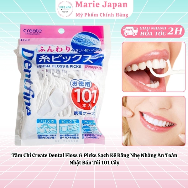 Tăm Chỉ Create Dental Floss & Picks Sạch Kẽ Răng Nhẹ Nhàng An Toàn Nhật Bản Túi 101 Cây