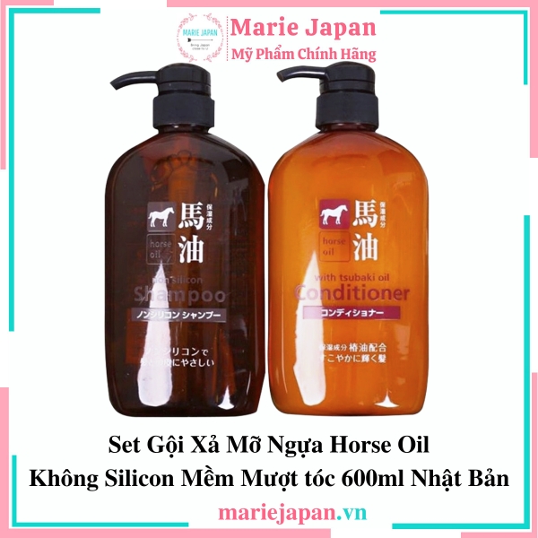 Set Gội Xả Mỡ Ngựa Horse Oil Không Silicon Mềm Mượt Nhật 600ml
