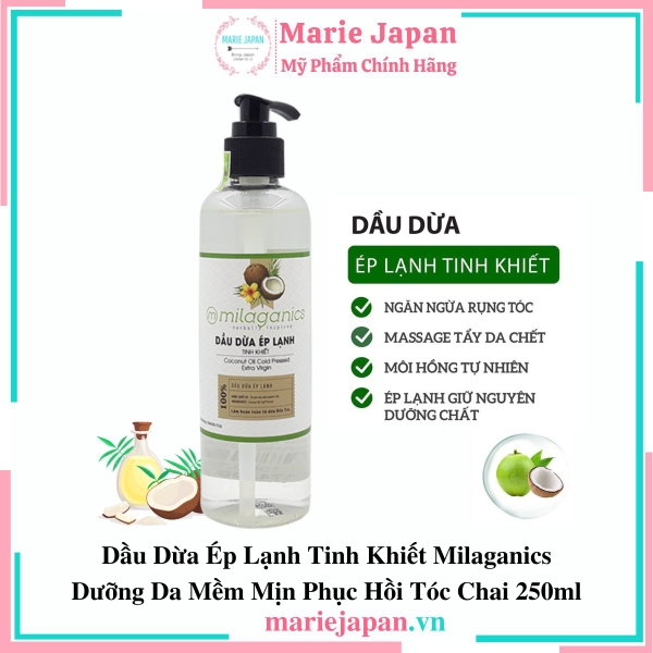 Dầu Dừa Ép Lạnh Tinh Khiết Milaganics Dưỡng Da Mềm Mịn Phục Hồi Tóc Chai 250ml