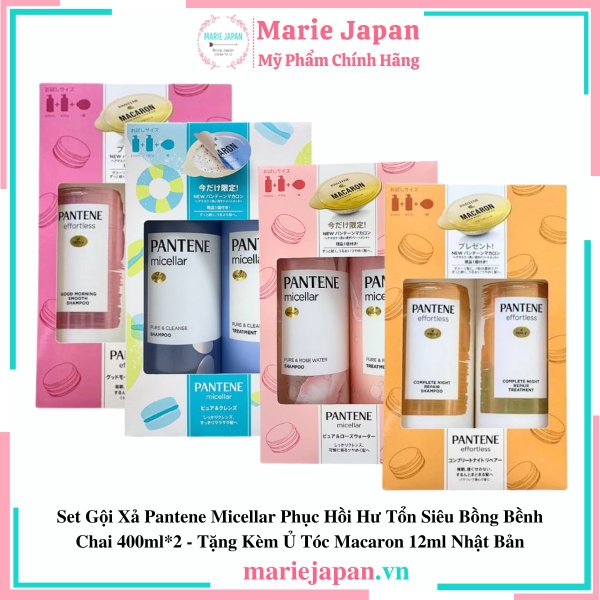 Set Gội Xả Pantene Micellar Phục Hồi Hư Tổn Siêu Bồng Bềnh Chai 400ml*2 - Tặng Kèm Ủ Tóc Macaron 12ml Nhật Bản