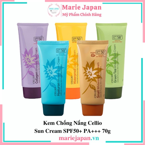 Kem Chống Nắng Cellio Whitening Sun Cream - XANH LÁ GREEN TEA Tuýp 70g