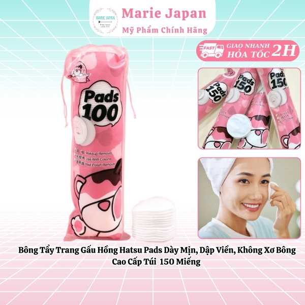 Bông Tẩy Trang Gấu Hồng Hatsu Pads Dày Mịn Dập Viền Không Xơ Bông Cao Cấp Túi 150 Miếng