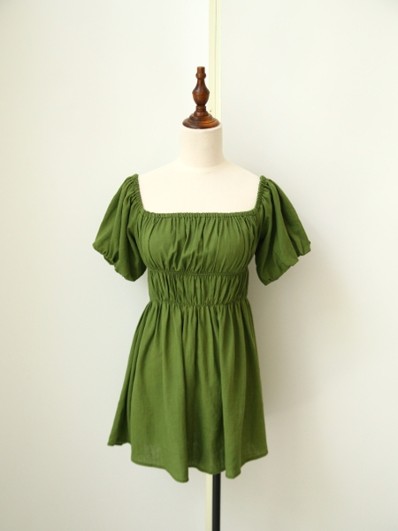 Đầm nhún tầng tay bí linen gân