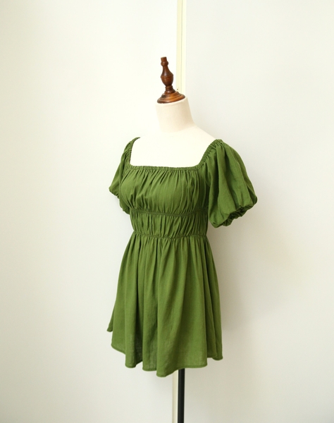 Đầm nhún tầng tay bí linen gân