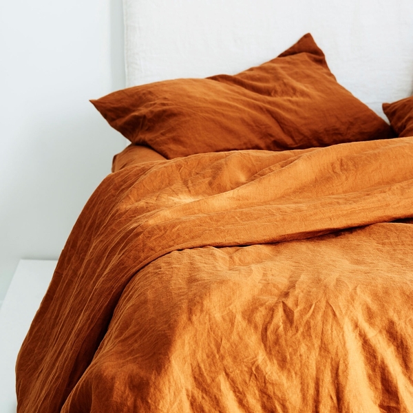 Set ga giường và vỏ gối cao cấp linen premium100%  màu cam cháy 