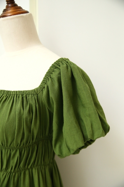 Đầm nhún tầng tay bí linen gân