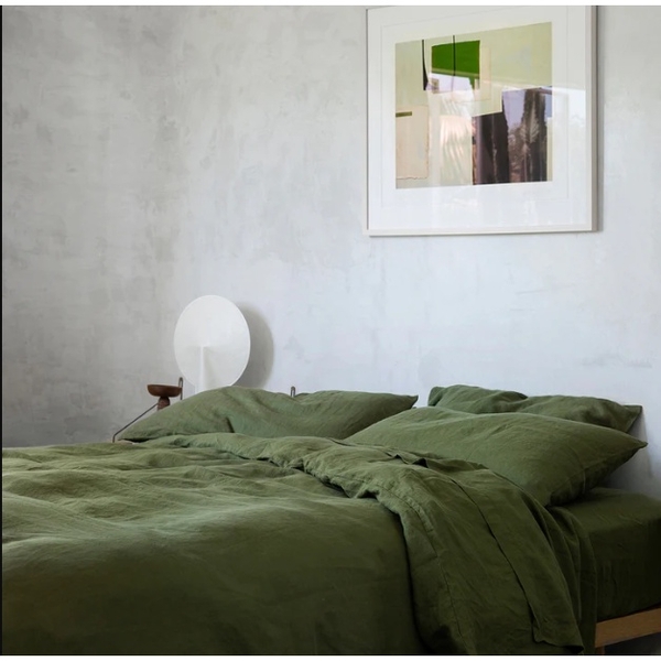 Set ga giường cao cấp linen premium100%  màu xanh rêu cực đẹp