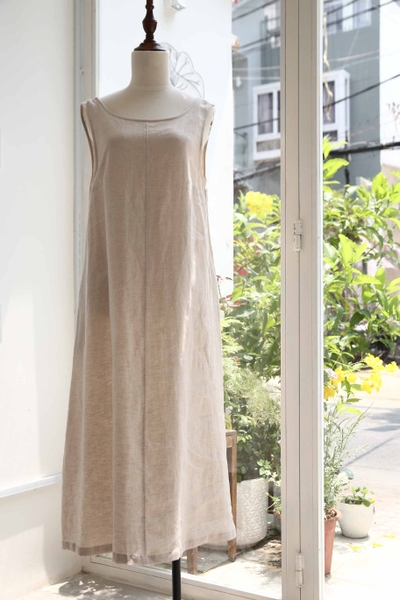 Đầm sát nách dáng xòe cột nơ vai  linen tưng premium cao cấp - ANAM