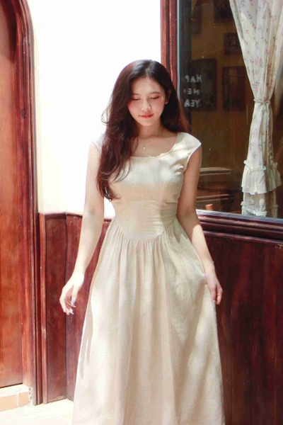 Đầm Cinderella chiết eo linen gân