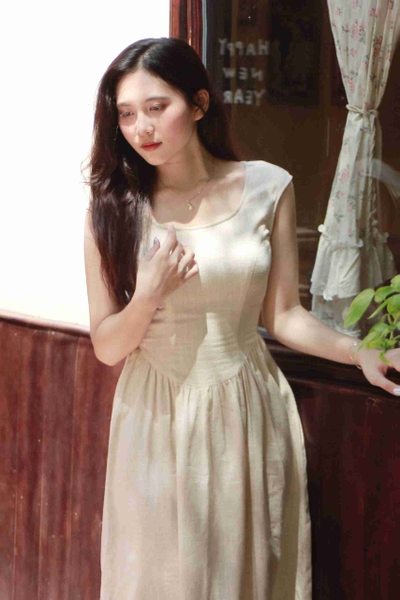Đầm Cinderella chiết eo linen gân