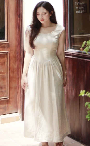 Đầm Cinderella chiết eo linen gân