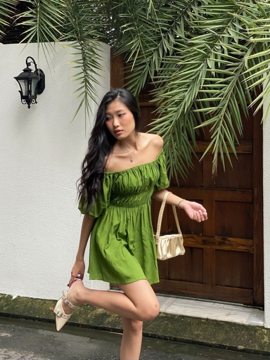 Đầm nhún tầng tay bí linen gân