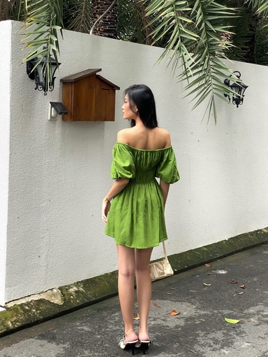 Đầm nhún tầng tay bí linen gân