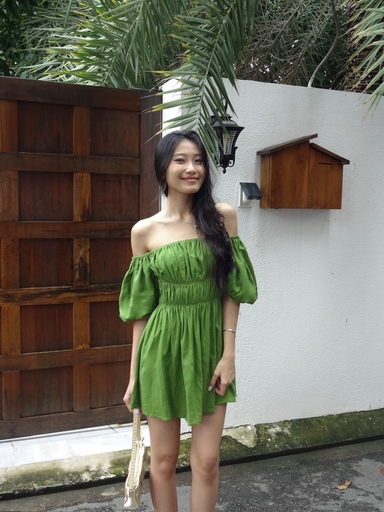 Đầm nhún tầng tay bí linen gân