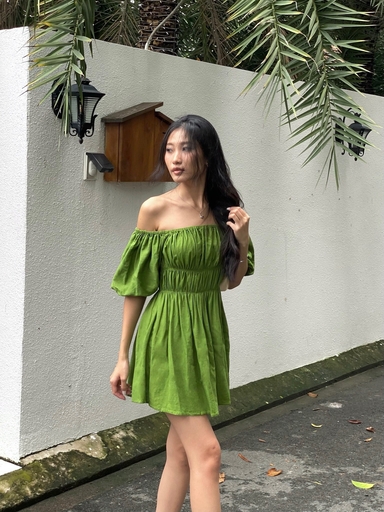 Đầm nhún tầng tay bí linen gân