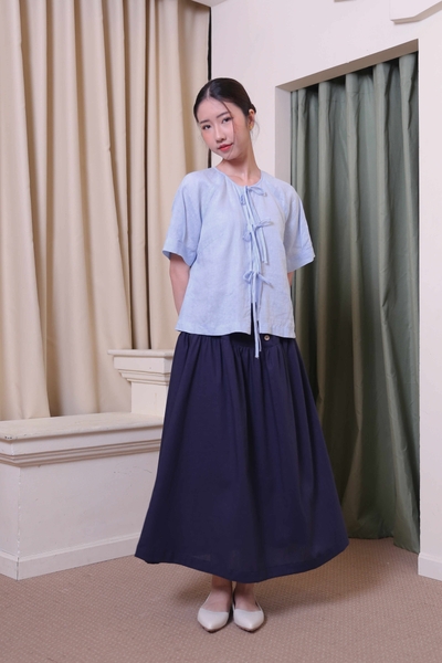 Áo linen xanh pastel thiết kế cột nơ dễ thương, mặc mát mùa hè