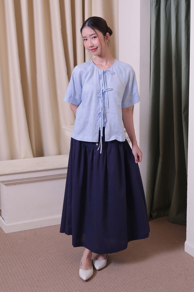 Áo linen xanh pastel thiết kế cột nơ dễ thương, mặc mát mùa hè