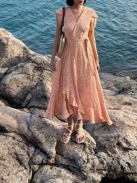 Đầm  tay cánh tiên rũ cột nơ eo  chất vải cotton pha lụa - ANAM