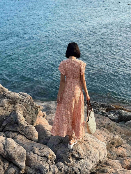 Đầm  tay cánh tiên rũ cột nơ eo  chất vải cotton pha lụa - ANAM