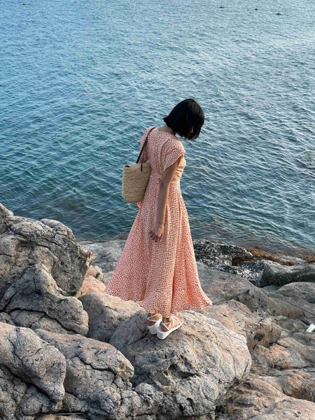 Đầm  tay cánh tiên rũ cột nơ eo  chất vải cotton pha lụa - ANAM