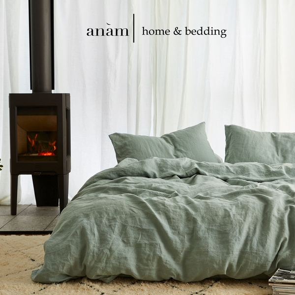 Set ga giường và vỏ gối cao cấp linen premium100%  màu xanh olive cực đẹp