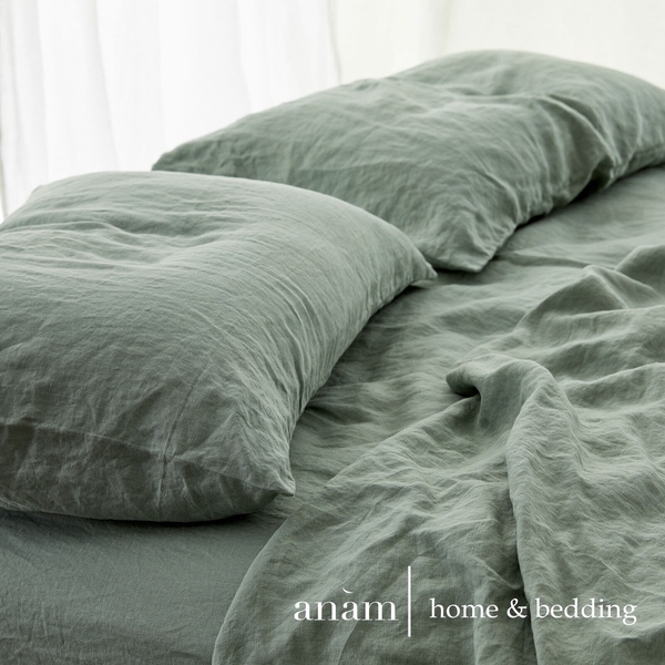 Set ga giường và vỏ gối cao cấp linen premium100%  màu xanh olive cực đẹp