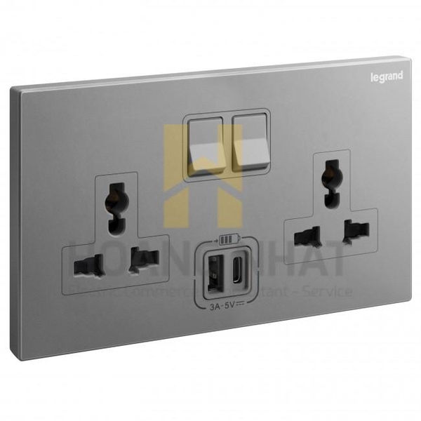 Ổ cắm đôi đa năng có USB Legrand Galion 282444-C3, màu xám