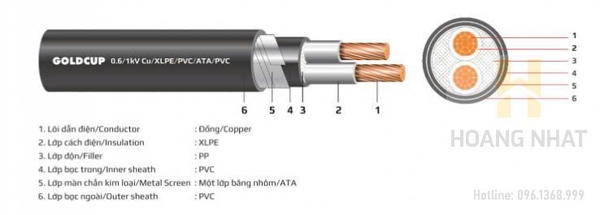Cáp điện kế 2 lõi bọc cách điện Muller - Cu/XLPE/PVC/ATA/PVC 2x11 (0.6/1kV) Goldcup