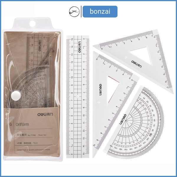 Bộ 4 dụng cụ Eke học sinh Deli, thước kẻ, thước đo độ, thước tam giác - 71988 (Hàng chính hãng)