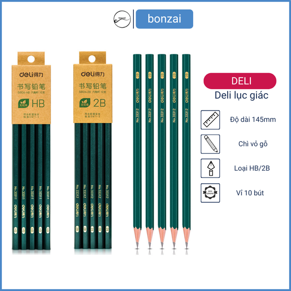 Bút chì gọt Deli lục giác loại 2B/HB combo 10 bút