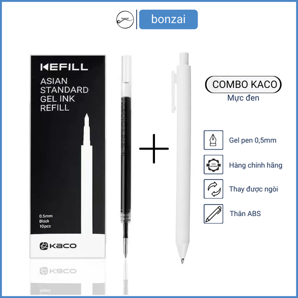 Combo 10 Ngòi Kaco Đen + 1 Bút Gel Kaco Pure Trắng