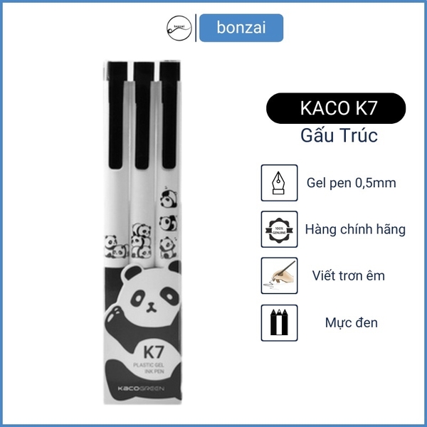 Bộ 3 bút KACO Panda K7 mực đen ngòi 0,5mm (Hàng Chính Hãng)