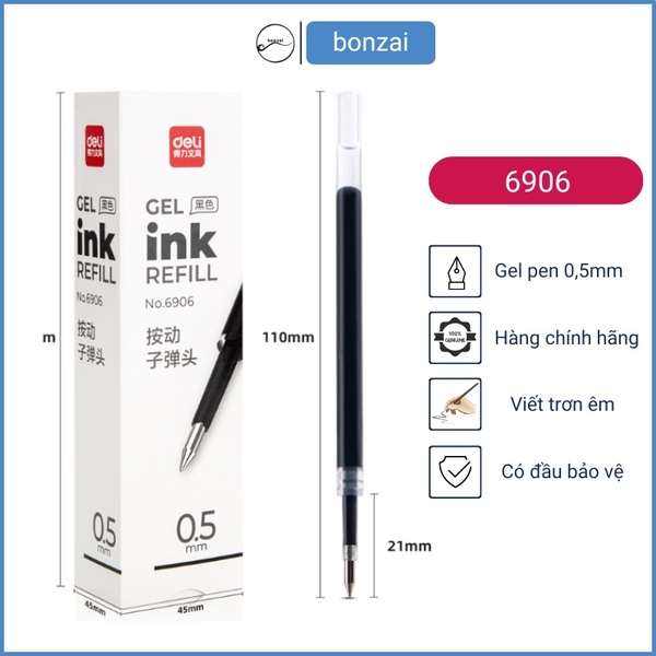 Ruột bút gel Deli Cao Cấp 6906 ngòi 0,5mm dùng thay thế cho bút bi bấm A057B, A575, S101.