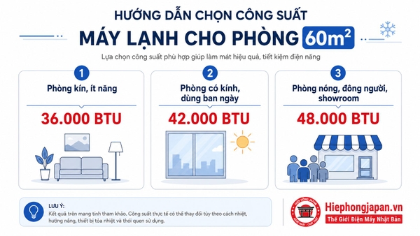 Bảng chọn công suất điều hòa cho phòng 60m2 theo điều kiện thực tế