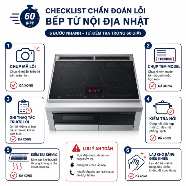Checklist chẩn đoán mã lỗi bếp từ nội địa Nhật trong 60 giây