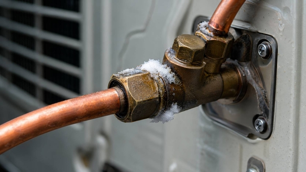 Vết dầu và đóng tuyết tại đầu nối ống đồng cảnh báo rò gas điều hòa
