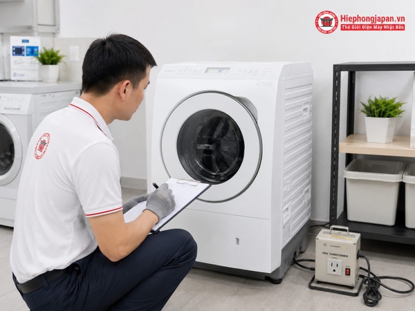 Kỹ thuật viên kiểm tra máy giặt Panasonic nội địa Nhật bị lỗi vắt